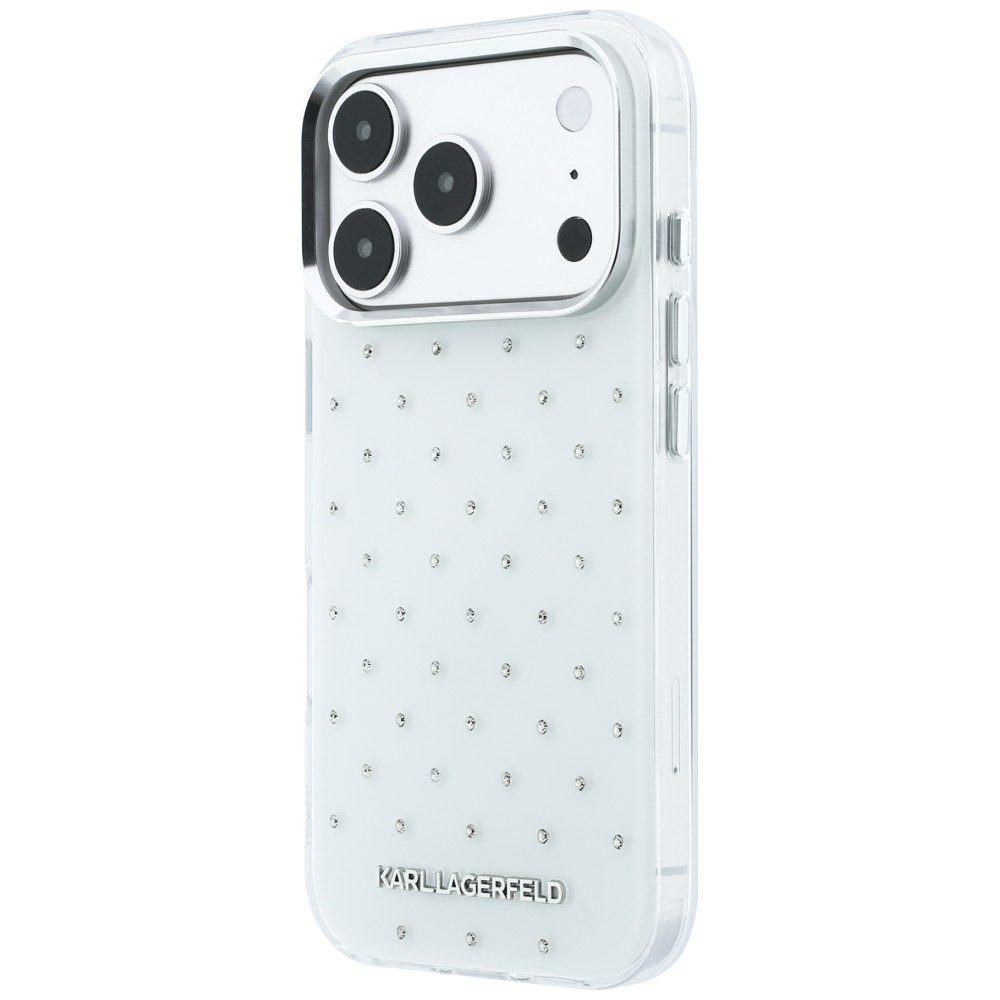 Dėklas Karl Lagerfeld IML Rhinestones Allover and Electroplated Logo skirtas iPhone 18 Pro /17 Pro baltas aprašymas - Prekės nuotrauka