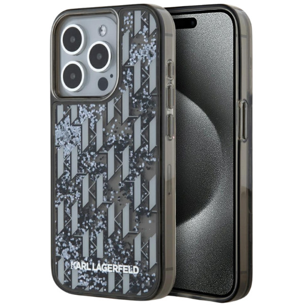 Dėklas Karl Lagerfeld Liquide Glitter Monogram Gradient Apple iPhone 15 Pro juodos spalvos aprašymas - Prekės nuotrauka Dėklas Karl Lagerfeld Liquide Glitter Monogram Gradient Apple iPhone 15 Pro juodos spalvos aprašymas - Prekės nuotrauka