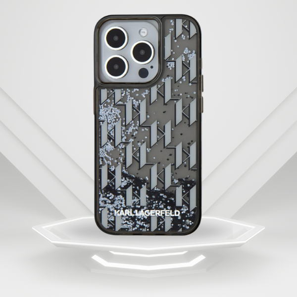 Dėklas Karl Lagerfeld Liquide Glitter Monogram Gradient Apple iPhone 15 Pro juodos spalvos aprašymas - Prekės nuotrauka Dėklas Karl Lagerfeld Liquide Glitter Monogram Gradient Apple iPhone 15 Pro juodos spalvos aprašymas - Prekės nuotrauka