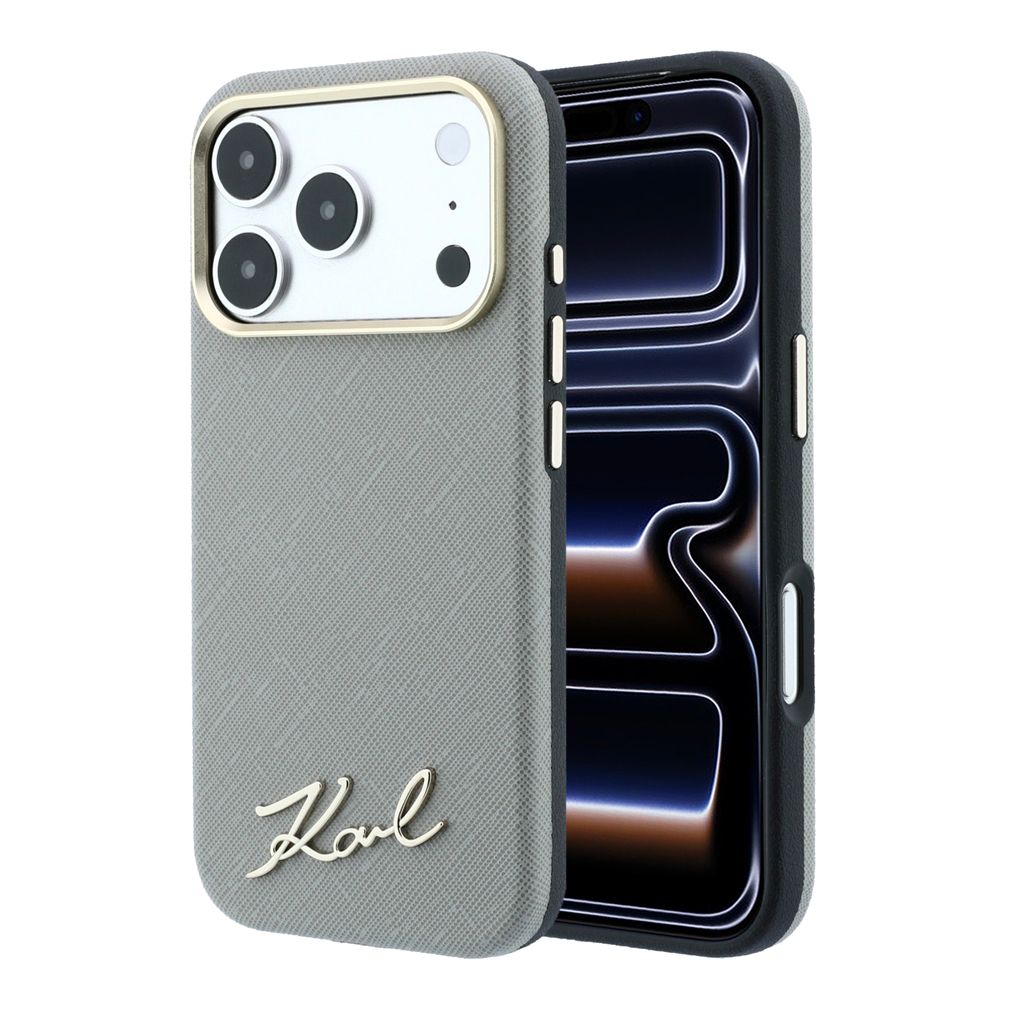Karl Lagerfeld Saffiano Small Script Metal Logo MagSafe dėklas iPhone 17 Pro Max / 18 Pro Max - rusvai gelsvas aprašymas - Prekės nuotrauka