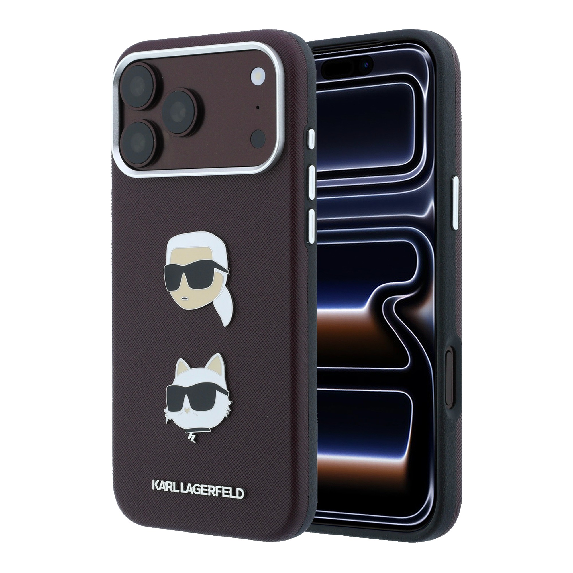 Dėklas Karl Lagerfeld Saffiano su Karl & Choupette Heads smeigtukais ir logotipu, skirtas iPhone 18 Pro / 17 Pro, bordo spalvos aprašymas - Prekės nuotrauka
