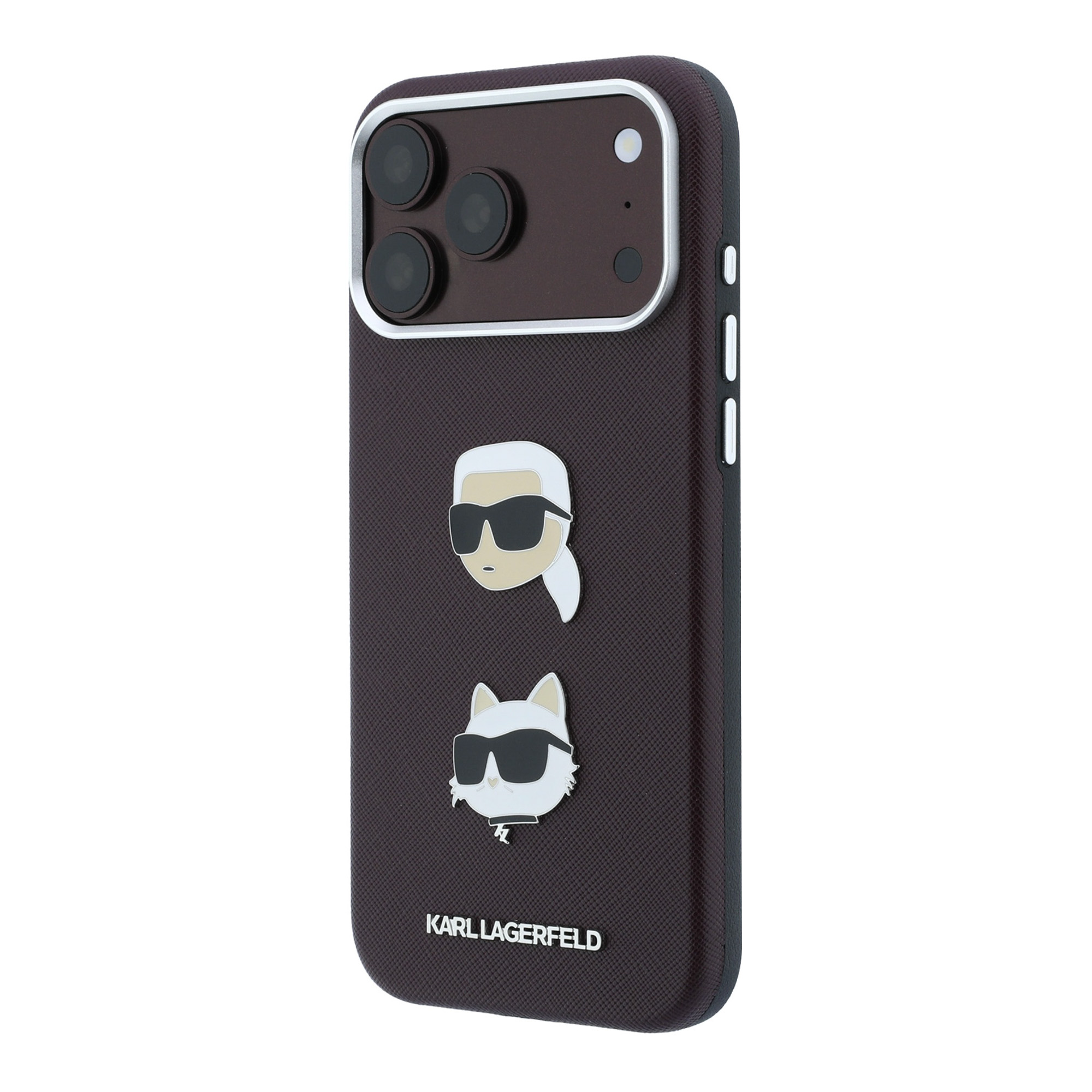 Dėklas Karl Lagerfeld Saffiano su Karl & Choupette Heads smeigtukais ir logotipu, skirtas iPhone 18 Pro / 17 Pro, bordo spalvos aprašymas - Prekės nuotrauka
