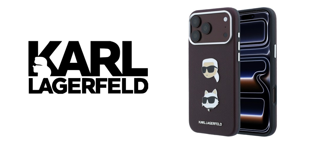 Dėklas Karl Lagerfeld Saffiano su Karl & Choupette Heads smeigtukais ir logotipu, skirtas iPhone 18 Pro / 17 Pro, bordo spalvos aprašymas - Prekės nuotrauka