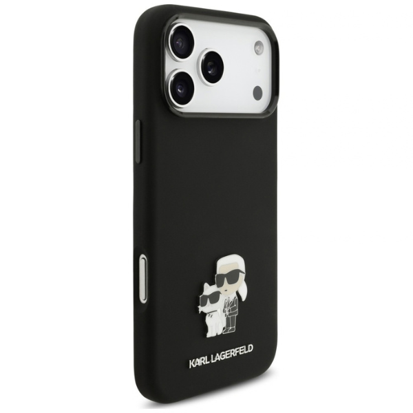 Dėklas Karl Lagerfeld Silicone Karl&Choupette Metal Pin, skirtas iPhone 18 Pro Max / 17 Pro Max, juodas aprašymas - Prekės nuotrauka