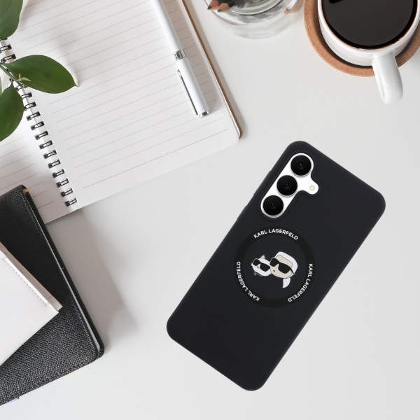 Dėklas Karl Lagerfeld Silicone Karl&Choupette Heads MagSafe skirtas Samsung Galaxy S25 FE juodos spalvos aprašymas - Prekės nuotrauka