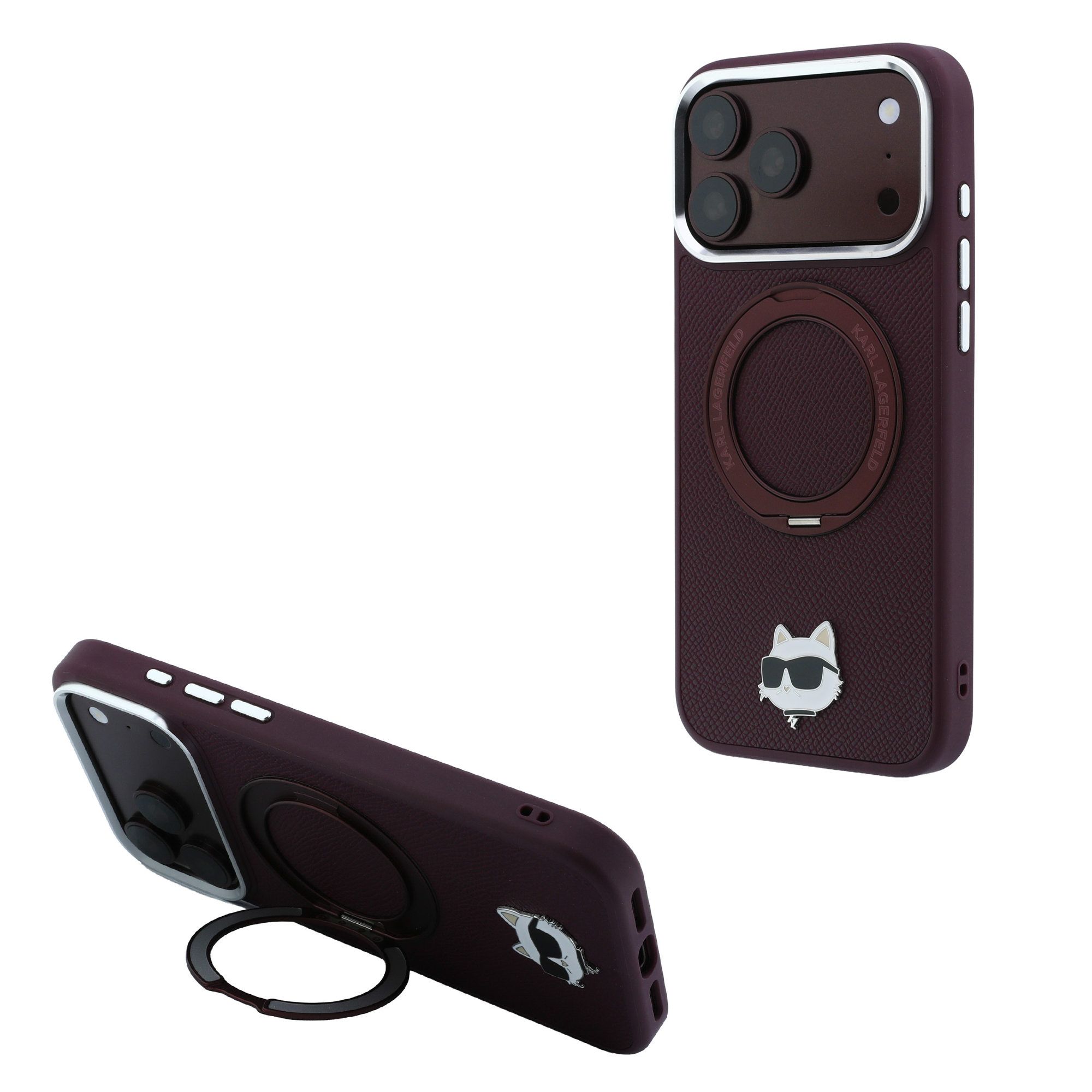 Dėklas Karl Lagerfeld su 360° žiedu-stovu Choupette Head Pin MagSafe, skirtas iPhone 18 Pro / 17 Pro, bordo spalvos aprašymas - Prekės nuotrauka