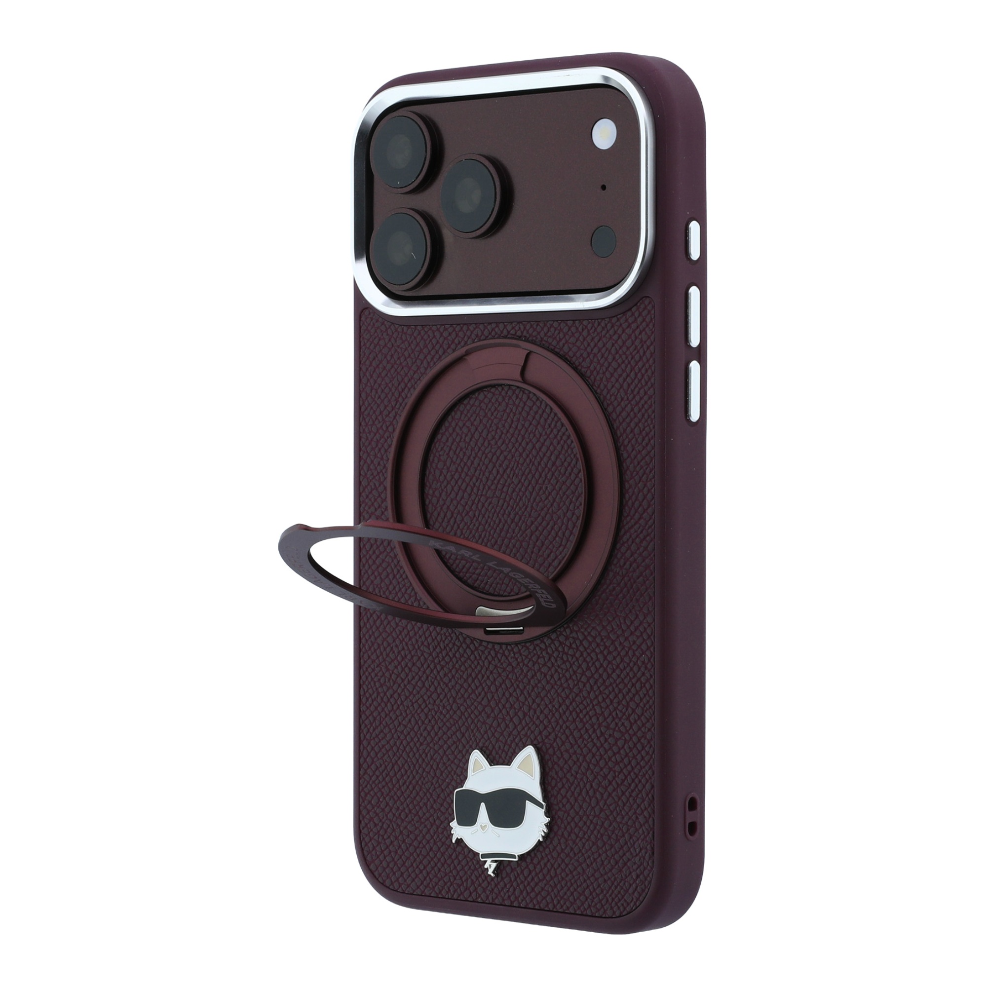 Dėklas Karl Lagerfeld su 360° žiedu-stovu Choupette Head Pin MagSafe, skirtas iPhone 18 Pro / 17 Pro, bordo spalvos aprašymas - Prekės nuotrauka