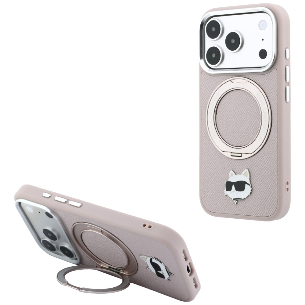 Dėklas Karl Lagerfeld su žiediniu stovu 360 Choupette Head Pin MagSafe, skirtas iPhone 18 Pro / 17 Pro, rožinis aprašymas - Prekės nuotrauka