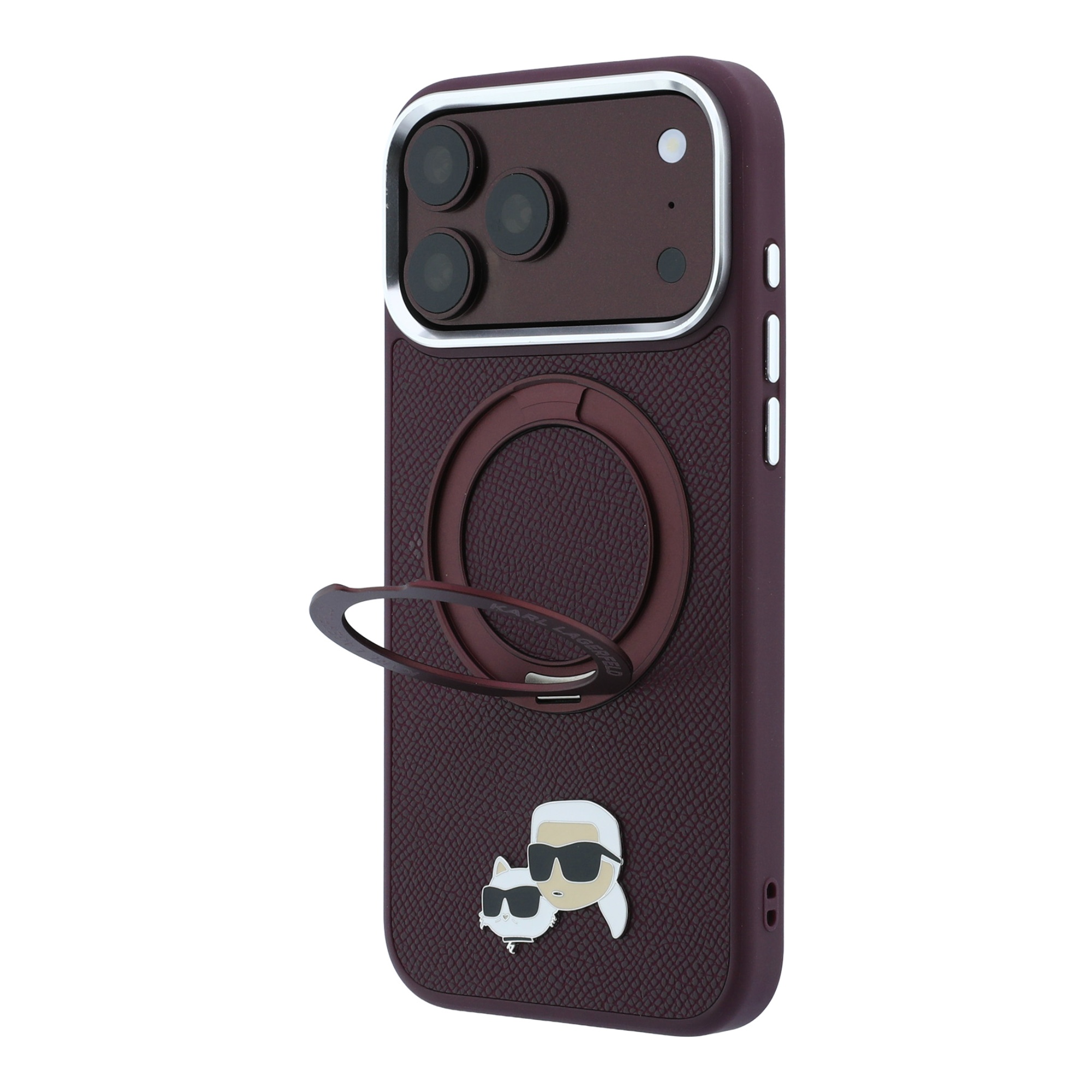 Dėklas Karl Lagerfeld su žiediniu stovu 360 Karl & Choupette Heads Pin MagSafe, skirtas iPhone 18 Pro / 17 Pro aprašymas - Prekės nuotrauka