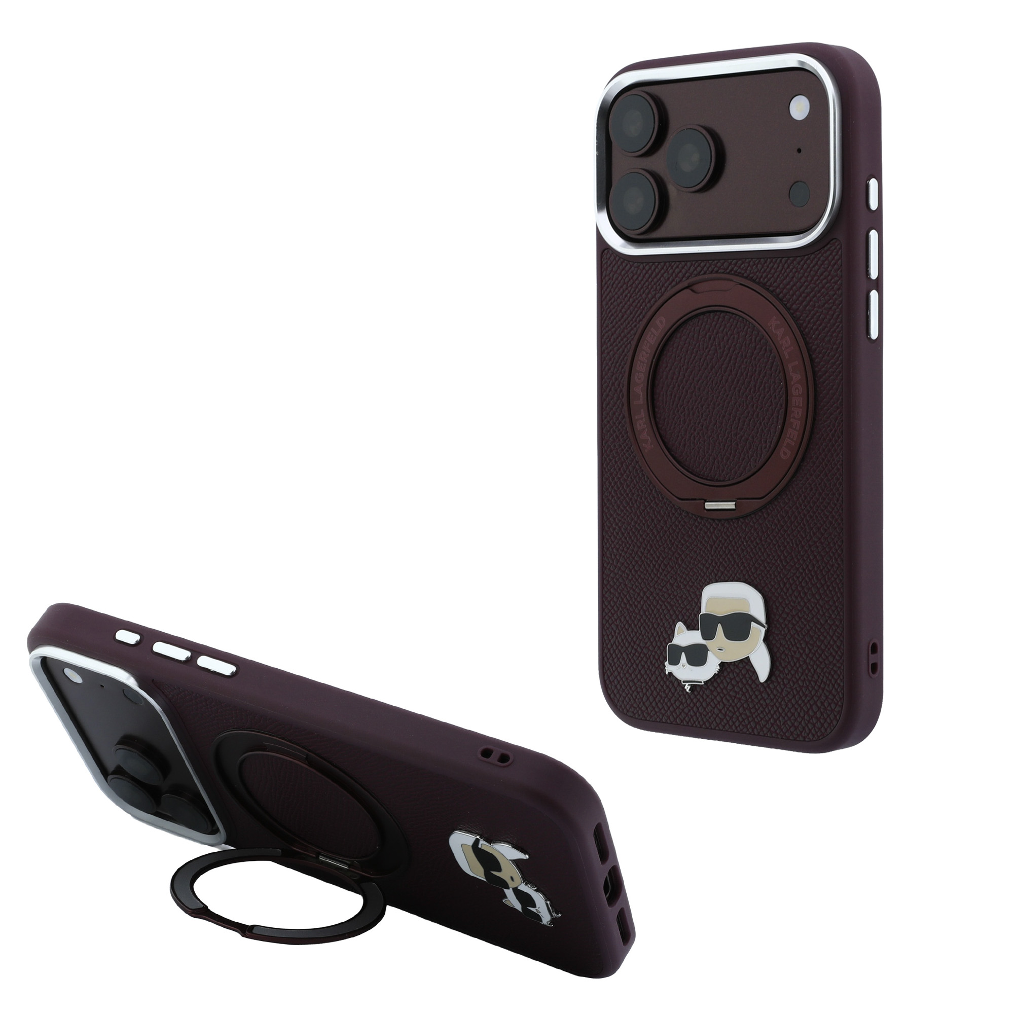 Dėklas Karl Lagerfeld su žiediniu stovu 360 Karl & Choupette Heads Pin MagSafe, skirtas iPhone 18 Pro / 17 Pro aprašymas - Prekės nuotrauka