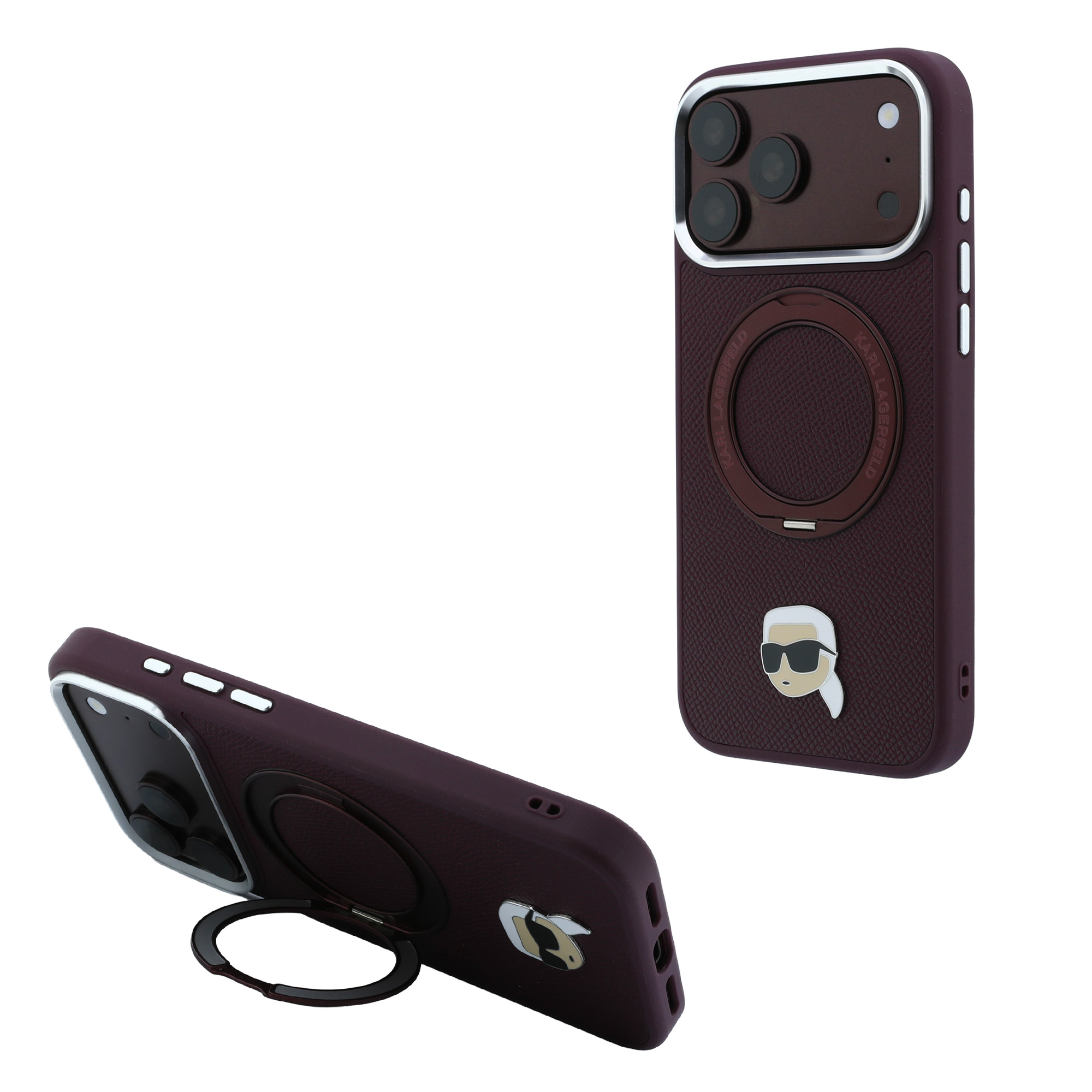 Dėklas Karl Lagerfeld su žiediniu stovu 360 Karl Head Pin MagSafe, skirtas iPhone 18 Pro / 17 Pro, bordo spalvos aprašymas - Prekės nuotrauka