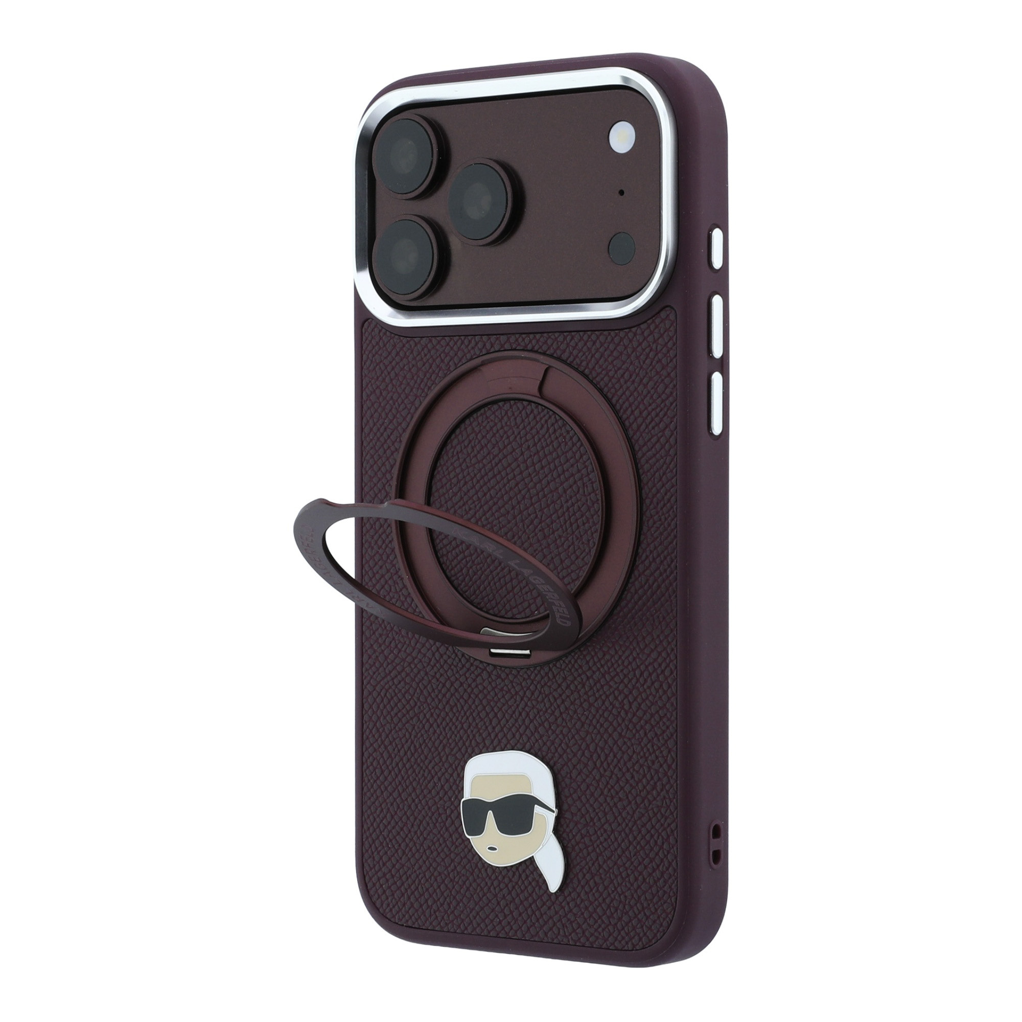 Dėklas Karl Lagerfeld su žiediniu stovu 360 Karl Head Pin MagSafe, skirtas iPhone 18 Pro / 17 Pro, bordo spalvos aprašymas - Prekės nuotrauka