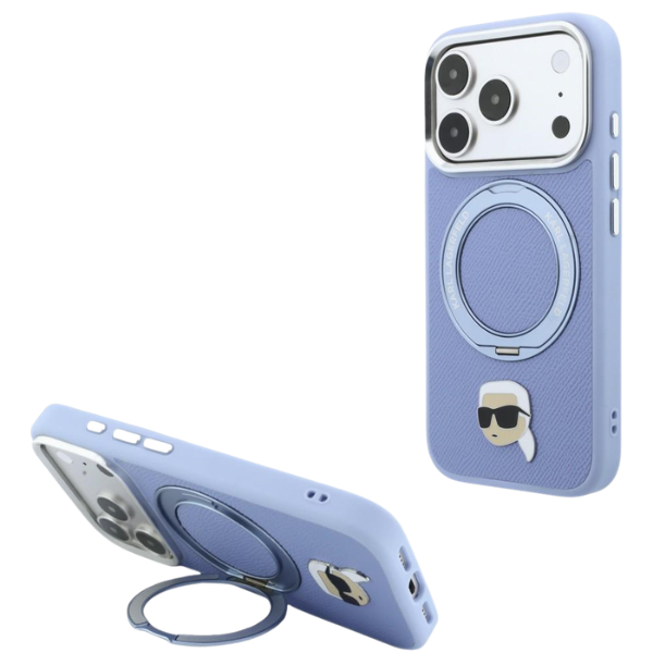 Dėklas Karl Lagerfeld su žiediniu stovu 360 Karl Head Pin MagSafe, skirtas iPhone 18 Pro / 17 Pro, šviesiai mėlynas aprašymas - Prekės nuotrauka
