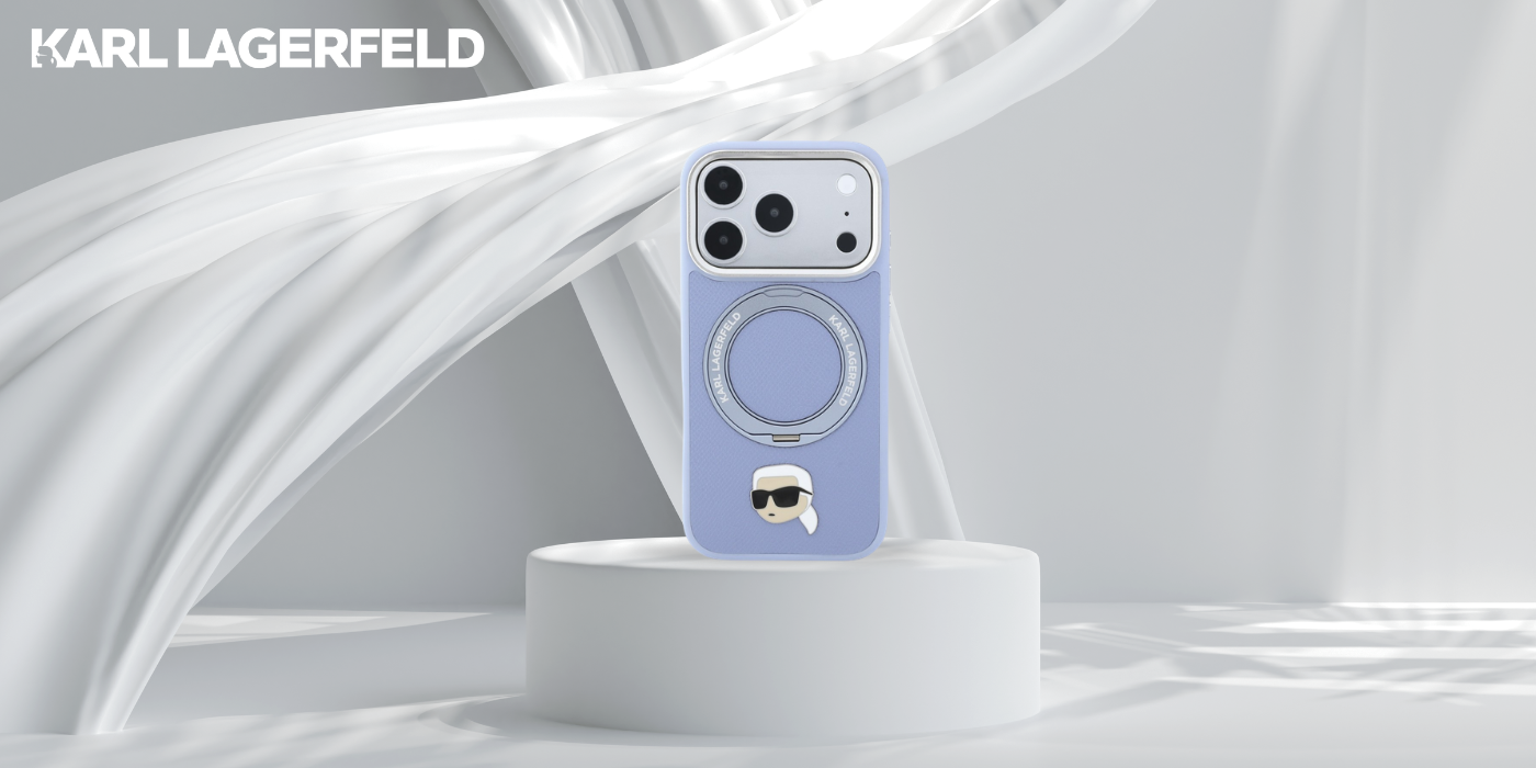 Dėklas Karl Lagerfeld su žiediniu stovu 360 Karl Head Pin MagSafe, skirtas iPhone 18 Pro / 17 Pro, šviesiai mėlynas aprašymas - Prekės nuotrauka
