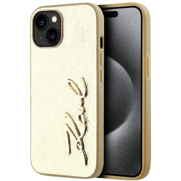 Dėklas Karl Lagerfeld Wrinkled Metal Signature Apple iPhone 15 auksinis aprašymas - Prekės nuotrauka Dėklas Karl Lagerfeld Wrinkled Metal Signature Apple iPhone 15 auksinis aprašymas - Prekės nuotrauka