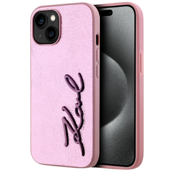 Dėklas Karl Lagerfeld Wrinkled Metal Signature Apple iPhone 15 rožinės spalvos aprašymas - Prekės nuotrauka
