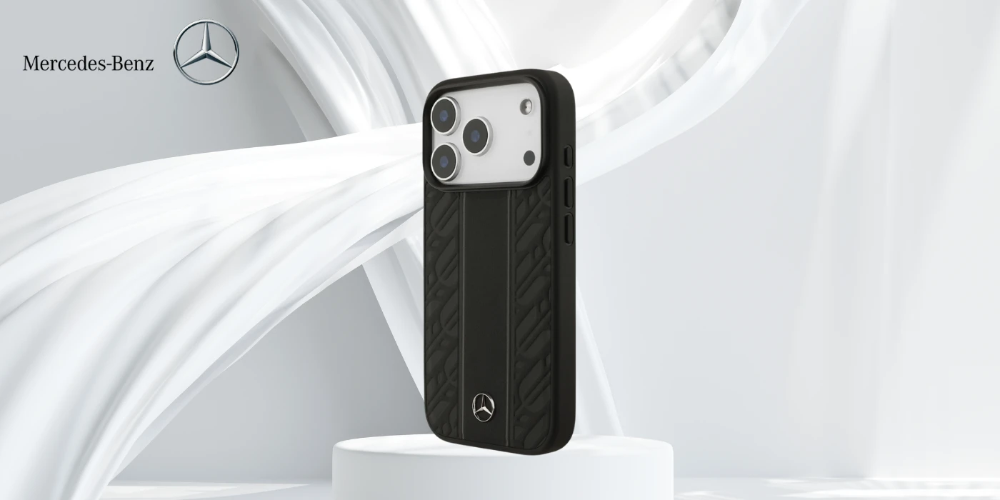 Dėklas Mercedes Leather Laurel Leaves Stripes MagSafe skirtas Apple iPhone 17 Pro juodos spalvos aprašymas - Prekės nuotrauka