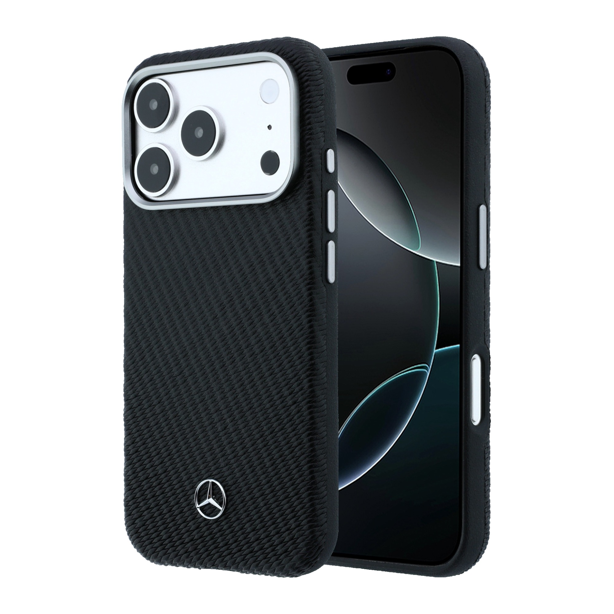 Dėklas Mercedes Leather Semi Wrap Wood Effect MagSafe skirtas iPhone 18 Pro Max / 17 Pro Max juodas aprašymas - Prekės nuotrauka