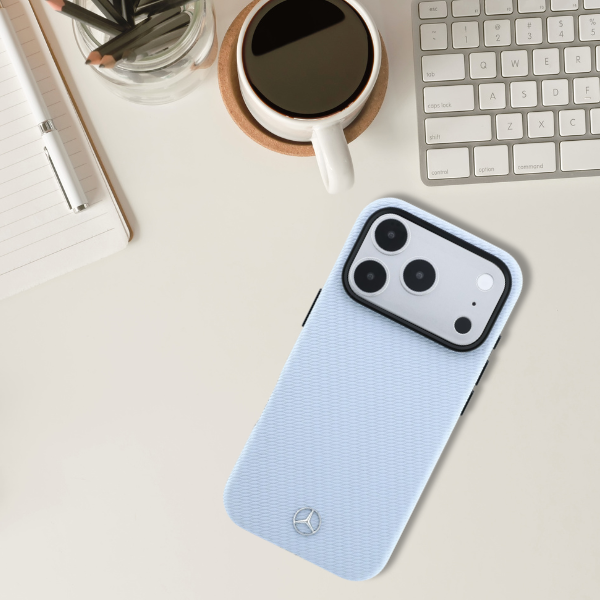 Dėklas Mercedes Leather Semi Wrap Wood Effect MagSafe skirtas iPhone 18 Pro / 17 Pro mėlynas aprašymas - Prekės nuotrauka