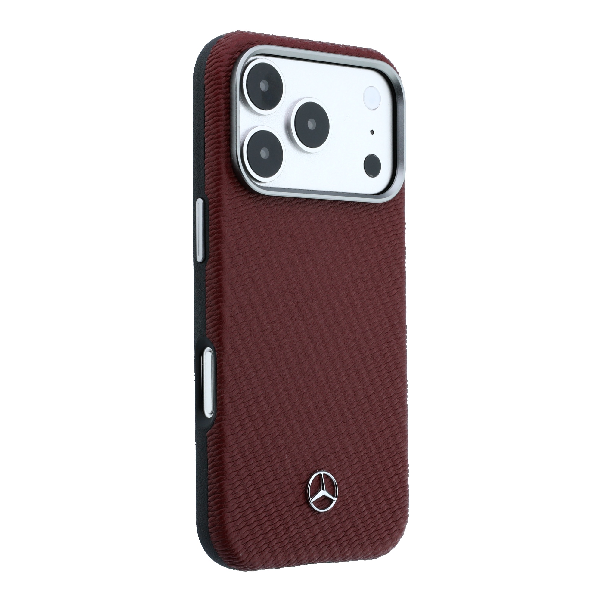 Dėklas Mercedes Leather Semi Wrap Wood Effect MagSafe, skirtas iPhone 18 Pro Max / 17 Pro Max, bordo spalvos aprašymas - Prekės nuotrauka