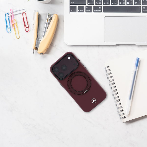 Dėklas Mercedes Leather su žiediniu stovu MagSafe, skirtas iPhone 18 Pro / 17 Pro, bordo spalvos aprašymas - Prekės nuotrauka
