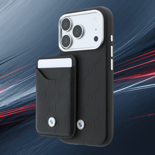 Dėklas + piniginė BMW Quilted Pattern Metal Logo, skirtas iPhone 18 Pro / 17 Pro, juodas aprašymas - Prekės nuotrauka