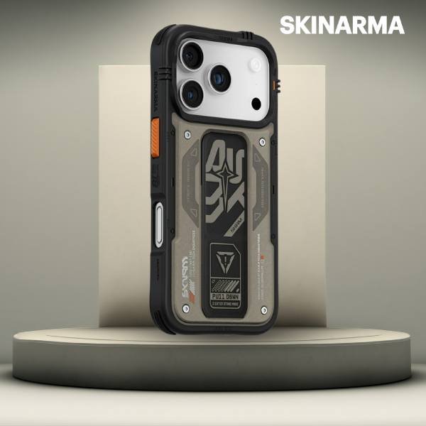 Dėklas Skinarma Aegis iPhone 17 Pro su magnetiniu įkrovimu ir laikikliu-stovu, pilkas aprašymas - Prekės nuotrauka