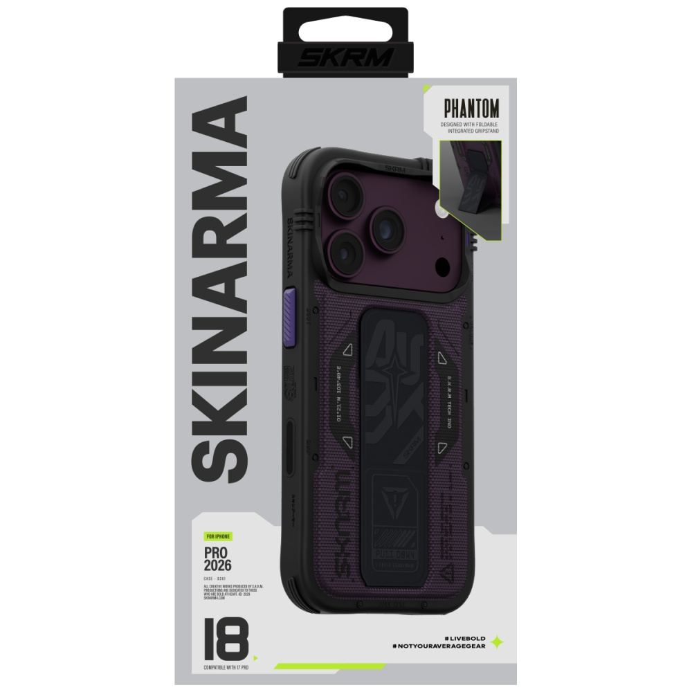 Dėklas Skinarma Phantom MagSafe + Grip Stand, skirtas iPhone 18 Pro / 17 Pro, bordo spalvos aprašymas - Prekės nuotrauka