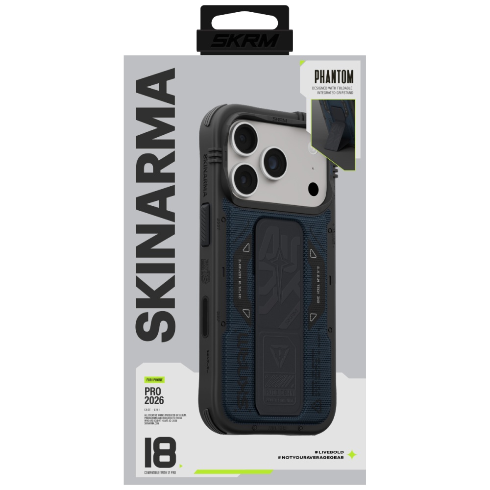 Dėklas Skinarma Phantom MagSafe + Grip Stand, skirtas iPhone 18 Pro / 17 Pro, mėlynas aprašymas - Prekės nuotrauka