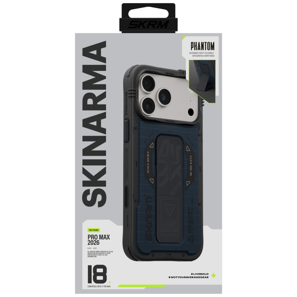 Dėklas Skinarma Phantom MagSafe + laikiklis su stovu, skirtas iPhone 18 Pro Max / 17 Pro Max, mėlynas aprašymas - Prekės nuotrauka