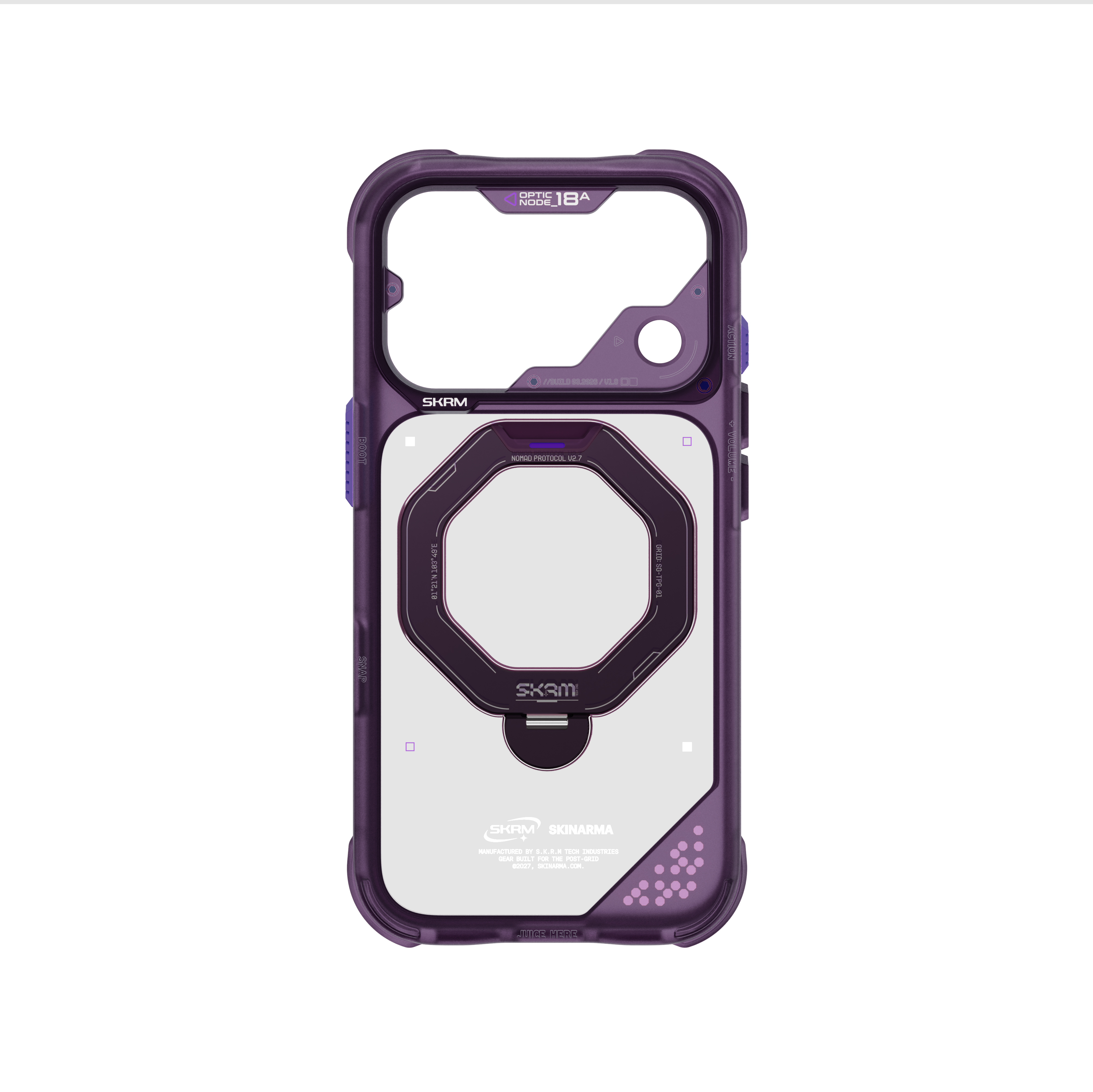 Dėklas Skinarma Saturn MagSafe + besisukantis stovas, skirtas iPhone 18 Pro / 17 Pro, bordo spalvos aprašymas - Prekės nuotrauka