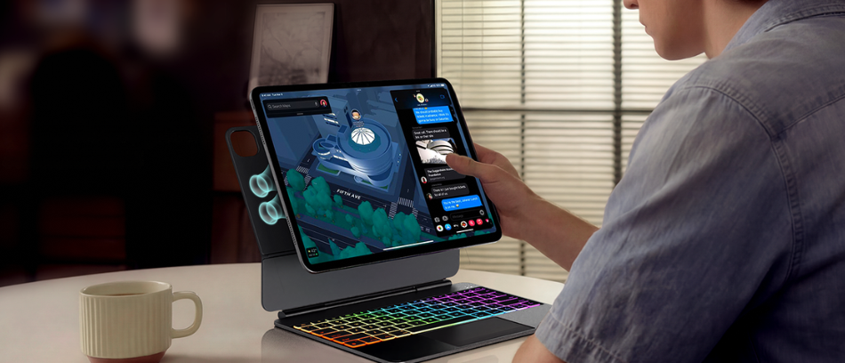 Dėklas Typecase Edge Pro su klaviatūra, skirtas iPad Air 13″ M2 2024 / M3 2025 / M4 2026, sidabro spalvos aprašymas - Prekės nuotrauka