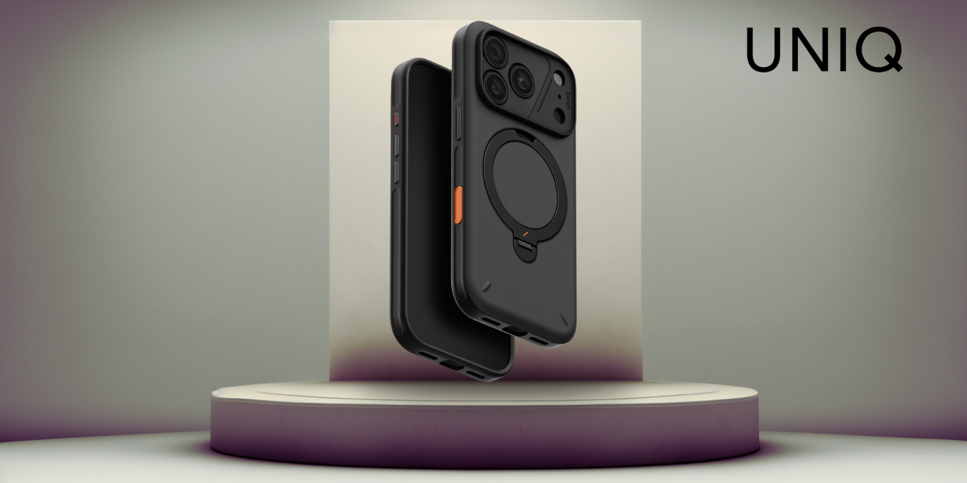 Dėklas UNIQ Elix, skirtas iPhone 18 Pro / 17 Pro, su 360° besisukančiu stovu, pilkas aprašymas - Prekės nuotrauka