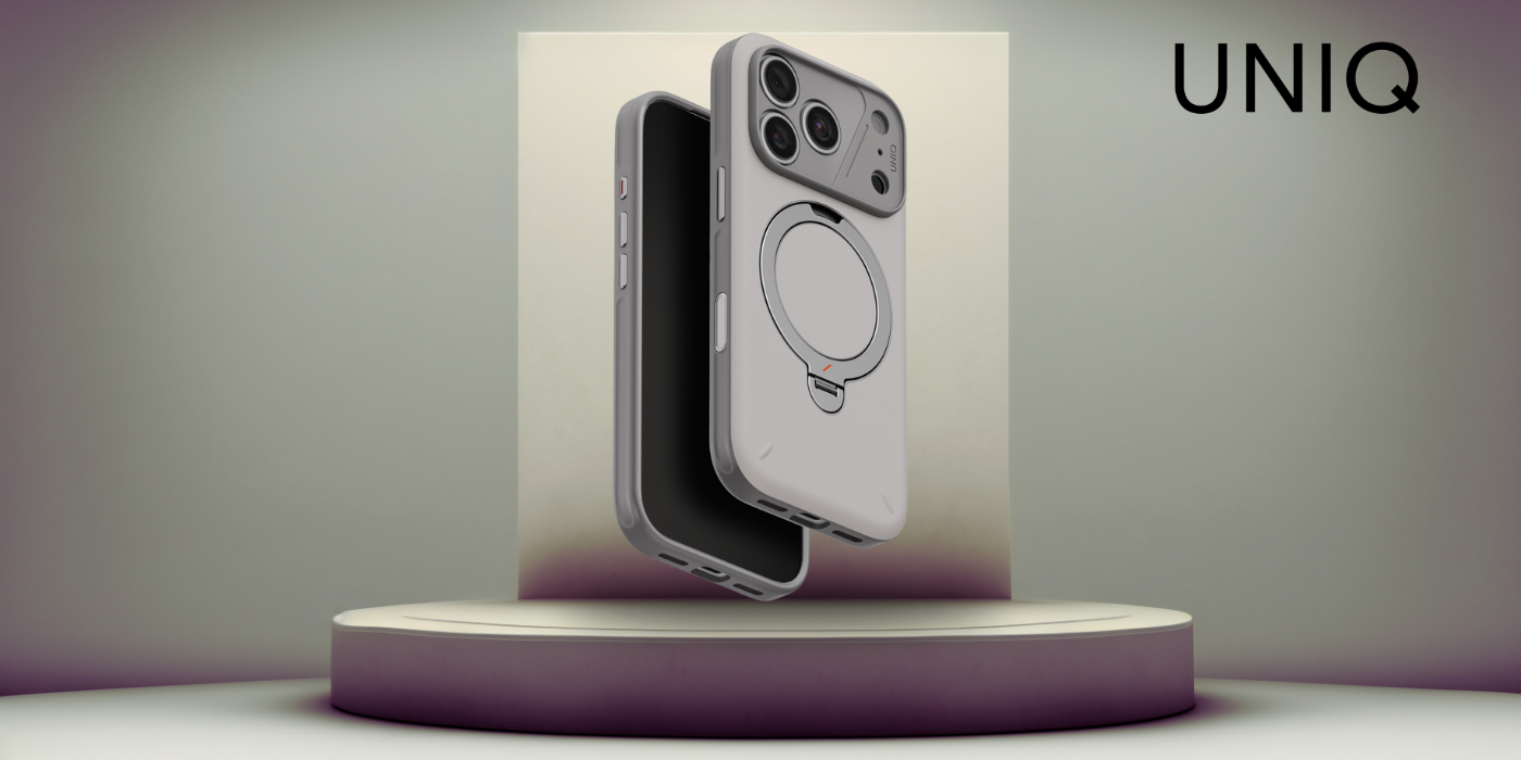 Dėklas UNIQ Elix, skirtas iPhone 18 Pro / 17 Pro, su 360 laipsnių besisukančiu stovu, šviesiai pilkas aprašymas - Prekės nuotrauka
