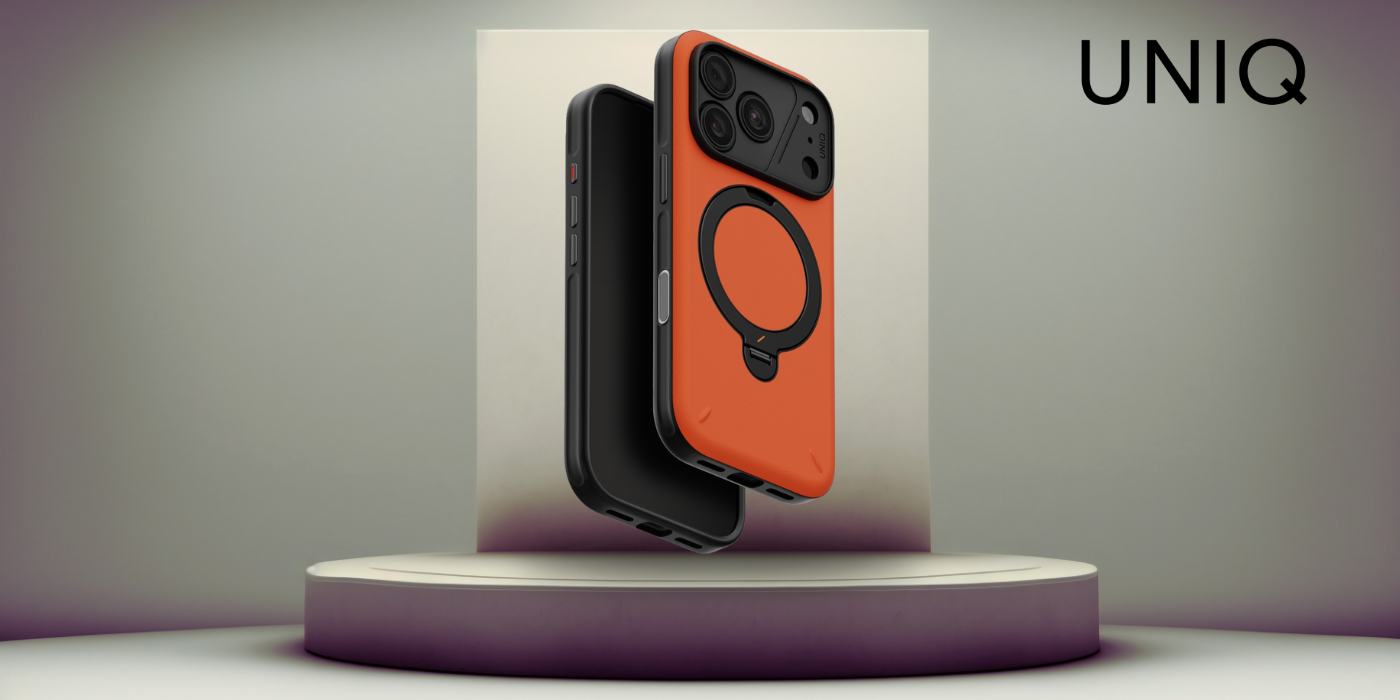 Dėklas UNIQ Elix, skirtas iPhone 18 Pro / 17 Pro, su 360° besisukančiu stovu, oranžinis aprašymas - Prekės nuotrauka
