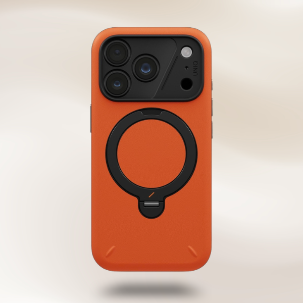 Dėklas UNIQ Elix, skirtas iPhone 18 Pro / 17 Pro, su 360° besisukančiu stovu, oranžinis aprašymas - Prekės nuotrauka