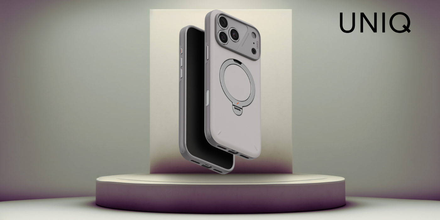 Dėklas UNIQ Elix, skirtas iPhone 18 Pro Max / 17 Pro Max, su 360 laipsnių besisukančiu stovu, šviesiai pilkas aprašymas - Prekės nuotrauka