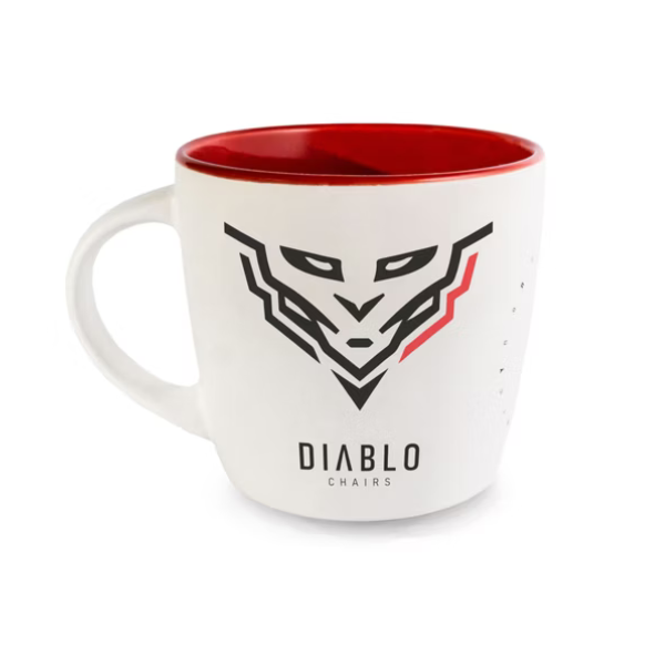 Diablo Chairs puodelis, baltos ir raudonos spalvos aprašymas - Prekės nuotrauka