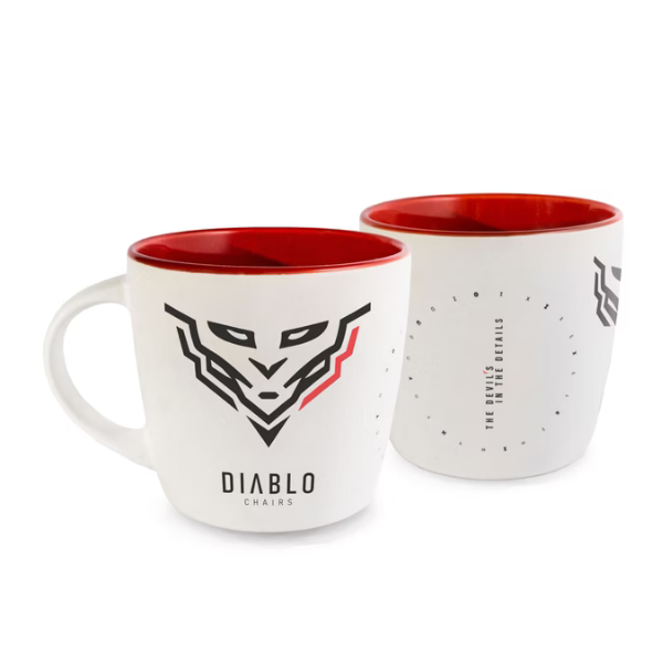 Diablo Chairs puodelis, baltos ir raudonos spalvos aprašymas - Prekės nuotrauka