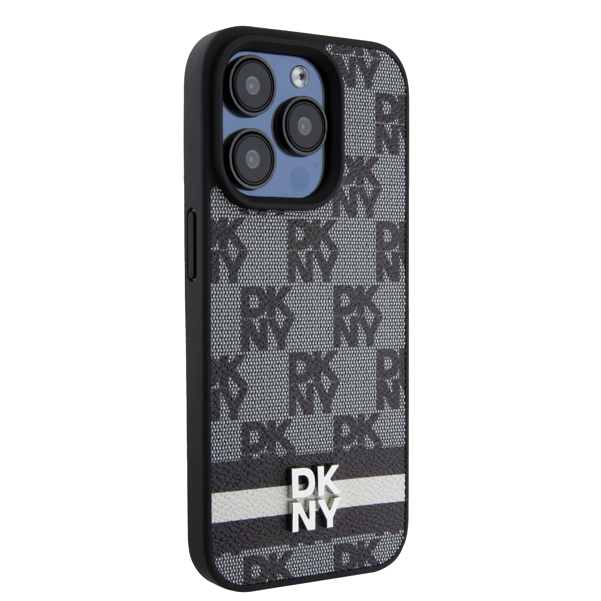 DKNY DKHCP15MPCPTSSK iPhone 15 Plus / 14 Plus 6.7 colio juodos spalvos kietas dėklas Leather Checkered Mono Pattern aprašymas - Prekės nuotrauka