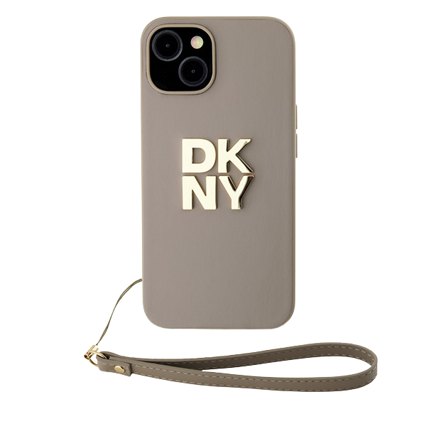 DKNY DKHCP15SPBSWSE iPhone 15 / 14 / 13 6.1″ smėlio spalvos kietas dėklas su riešo dirželiu ir „Stock“ logotipu aprašymas - Prekės nuotrauka
