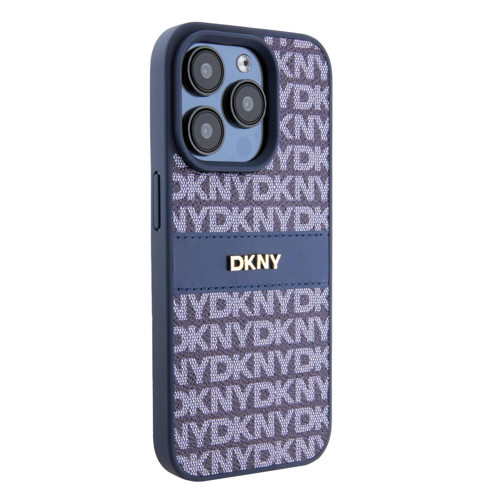 DKNY DKHCP15SPRTHSLB iPhone 15 14 13 6.1 colio mėlynas kietas dėklas Leather Mono Stripe & Metal Logo aprašymas - Prekės nuotrauka