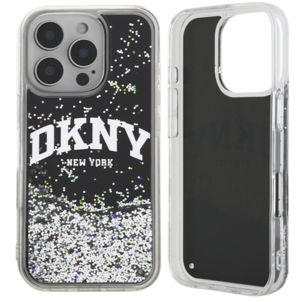 DKNY DKHCP16XLBNAEK Apple iPhone 16 Pro Max 6.9″ juodos spalvos kietas dėklas Liquid Glitter Arch Logo aprašymas - Prekės nuotrauka