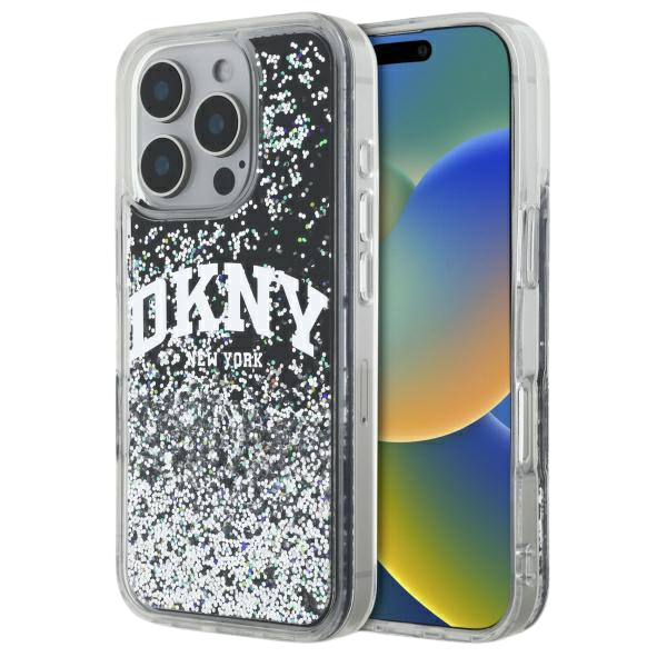 DKNY DKHCP16XLBNAEK Apple iPhone 16 Pro Max 6.9″ juodos spalvos kietas dėklas Liquid Glitter Arch Logo aprašymas - Prekės nuotrauka