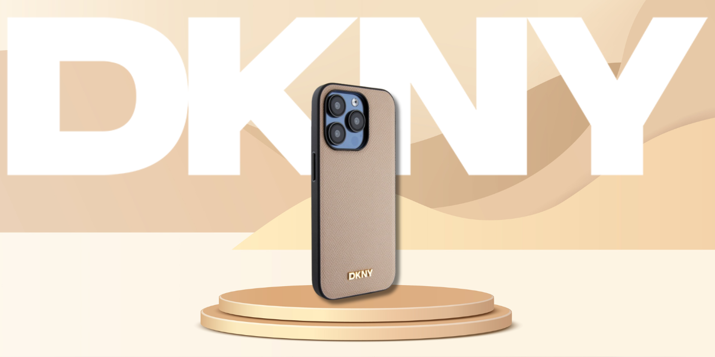 DKNY DKHMP15LPGHLME iPhone 15 Pro 6.1″ smėlio spalvos kietas dėklas Grained Metal Logo MagSafe aprašymas - Prekės nuotrauka