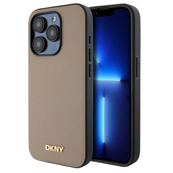 DKNY DKHMP15LPGHLME iPhone 15 Pro 6.1″ smėlio spalvos kietas dėklas Grained Metal Logo MagSafe aprašymas - Prekės nuotrauka