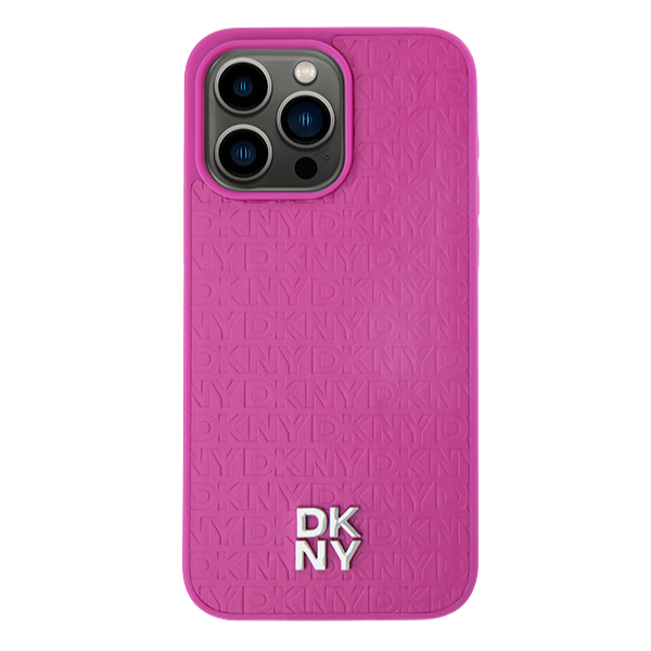 DKNY DKHMP15LPSHRPSP iPhone 15 Pro 6.1 colio rožinės spalvos kietas dėklas Leather Monogram Pattern Metal Logo MagSafe aprašymas - Prekės nuotrauka