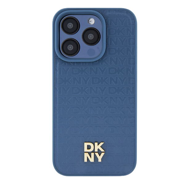 DKNY DKHMP15XPSHRPSB iPhone 15 Pro Max 6.7 colio mėlynas kietas dėklas odinis su monogramos raštu ir metaliniu logotipu aprašymas - Prekės nuotrauka