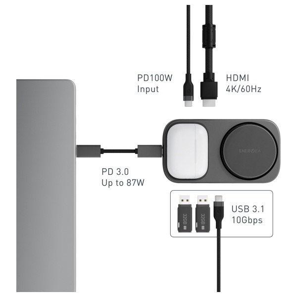 Dokumentų stotelė Energea Widock Plus 7in1 USB-C 3.1 su Qi2 grafito spalvos aprašymas - Prekės nuotrauka