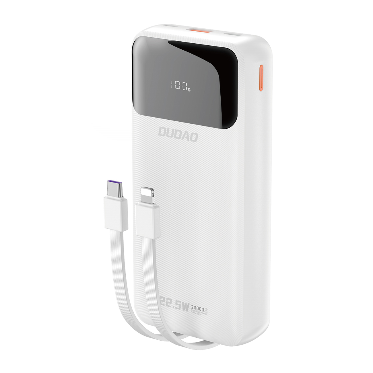 Dudao K15Pro išorinė baterija 20000mAh 22.5W PD USB-C / USB-A / su integruotais Lightning ir USB-C kabeliais – balta aprašymas - Prekės nuotrauka